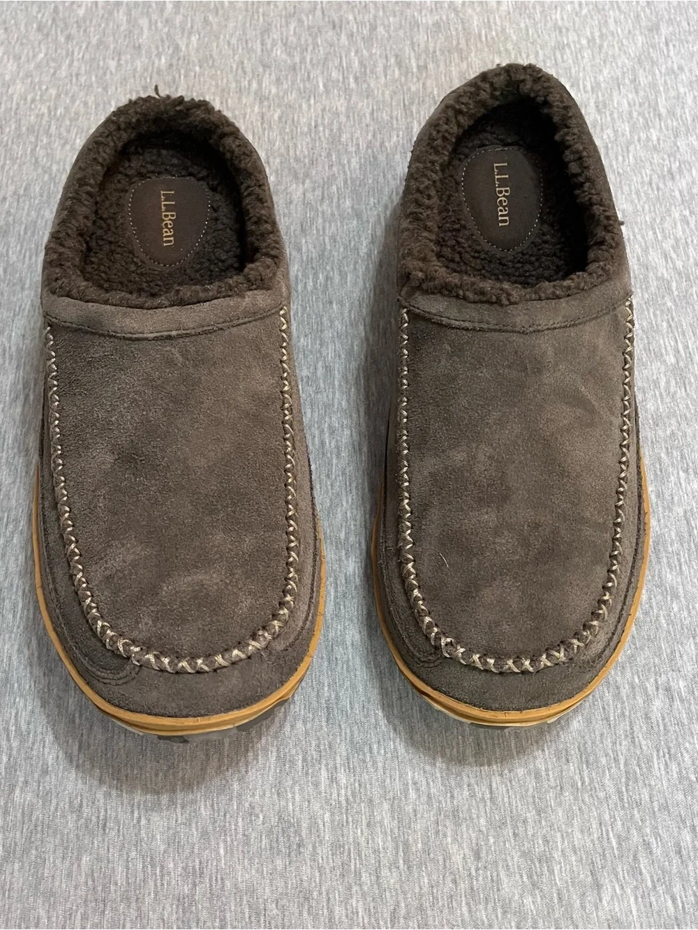 L.L.Bean Men’s Wicked Good Moccasin Slippers Brown Suede Sherpa Lined Size 12 M - Picture 4 of 5